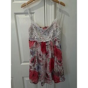 V Cristina Floral Chiffon Camisole Top Crochet Lace Sequin Trim Red Pink Large
